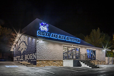 Silver and Blue Outfitters campus store front, across from the University of Nevada Reno or UNR campus.