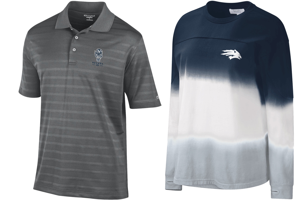 Image displaying Nevada Wolf Pack polo paired with women's Nevada Wolf Pack long sleeve shirt, this is merchandise for the University of Nevada Reno, also known as UNR