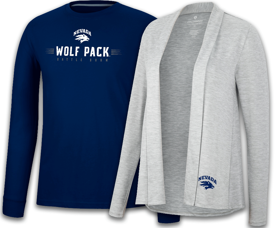 Image displaying Nevada Wolf Pack cardigan sweater paired with a Nevada Wolf Pack Longsleeve T-Shirt, this is merchandise for the University of Nevada Reno, also known as UNR