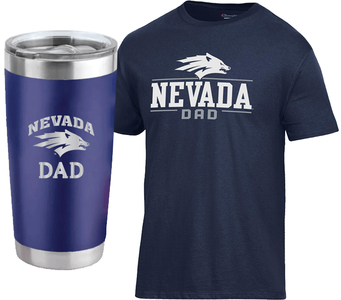 Image displaying University of Nevada Wolf Pack dad merchandise, also known as UNR merch